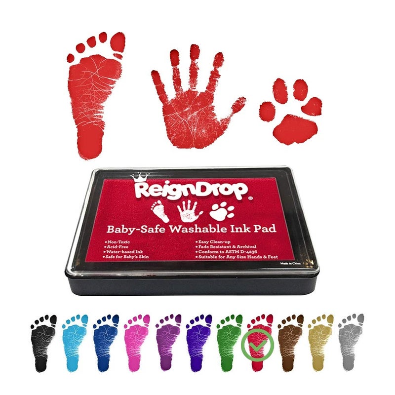 ReignDrop Ink Pad For Baby Footprint & Handprint - Creates Impressive Long Lasting Keepsake Stamp for Infant & Kids. Smudge Proof, Easy to Wipe Off Skin, Safe & Gentle Acid Free(Red) - Image 1